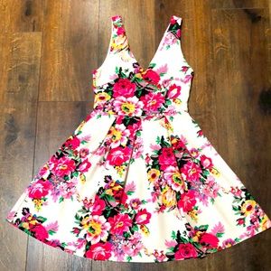 White Floral Deep-V A-Line Short Dress by Lush